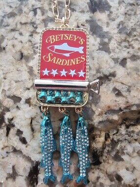 Betsey Johnson Red Enamel 'Betsey's Sardines' Necklace with Teal Crystal Fish